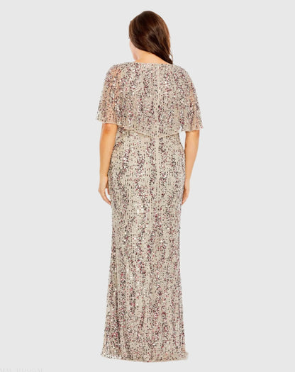 Beige High Neck Column Gown with Cape (Plus) - FINAL SALE