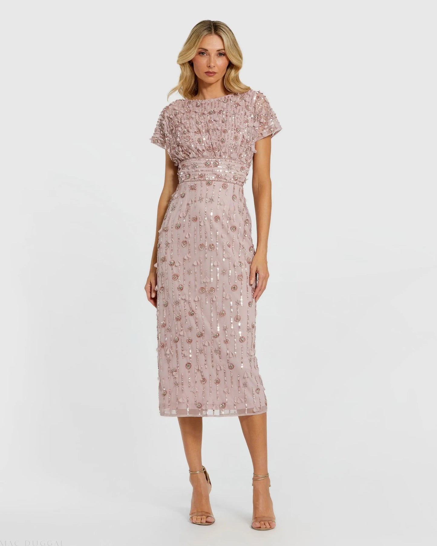 Cap Sleeve Sheath Midi Dress With Floral Beading