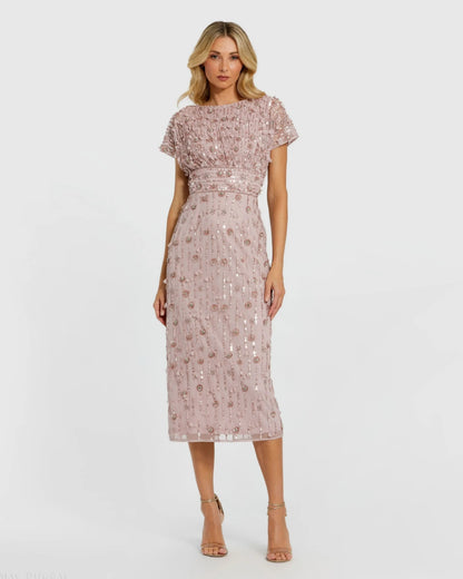 Cap Sleeve Sheath Midi Dress With Floral Beading
