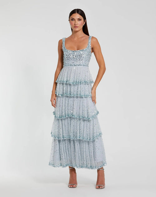 Blue Square Neck Embellished Ruffle Maxi Dress