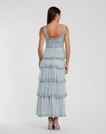 Blue Square Neck Embellished Ruffle Maxi Dress