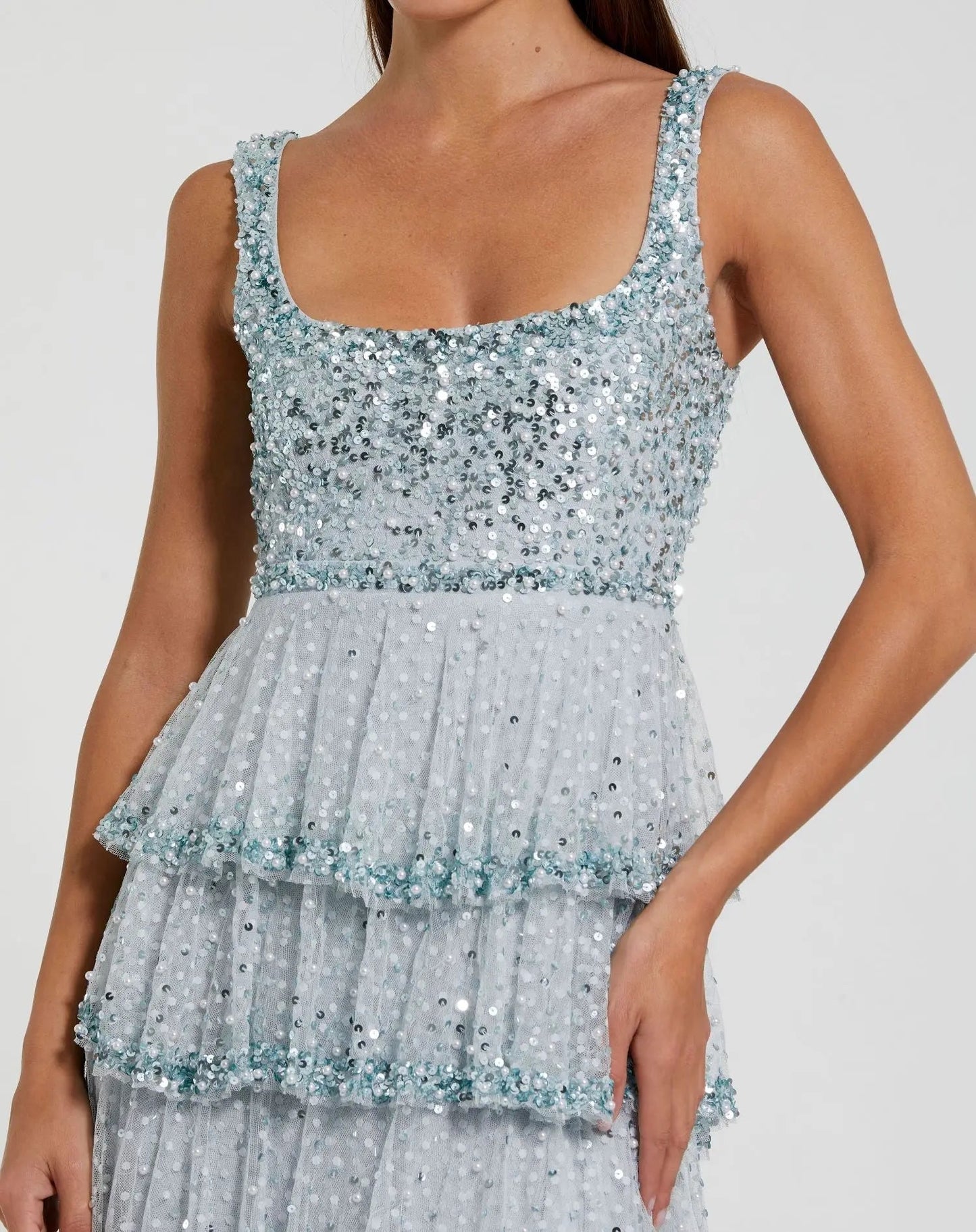 Blue Square Neck Embellished Ruffle Maxi Dress