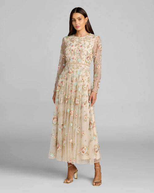 Beige Floral Embellished Long Sleeve Midi Dress