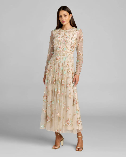 Beige Floral Embellished Long Sleeve Midi Dress