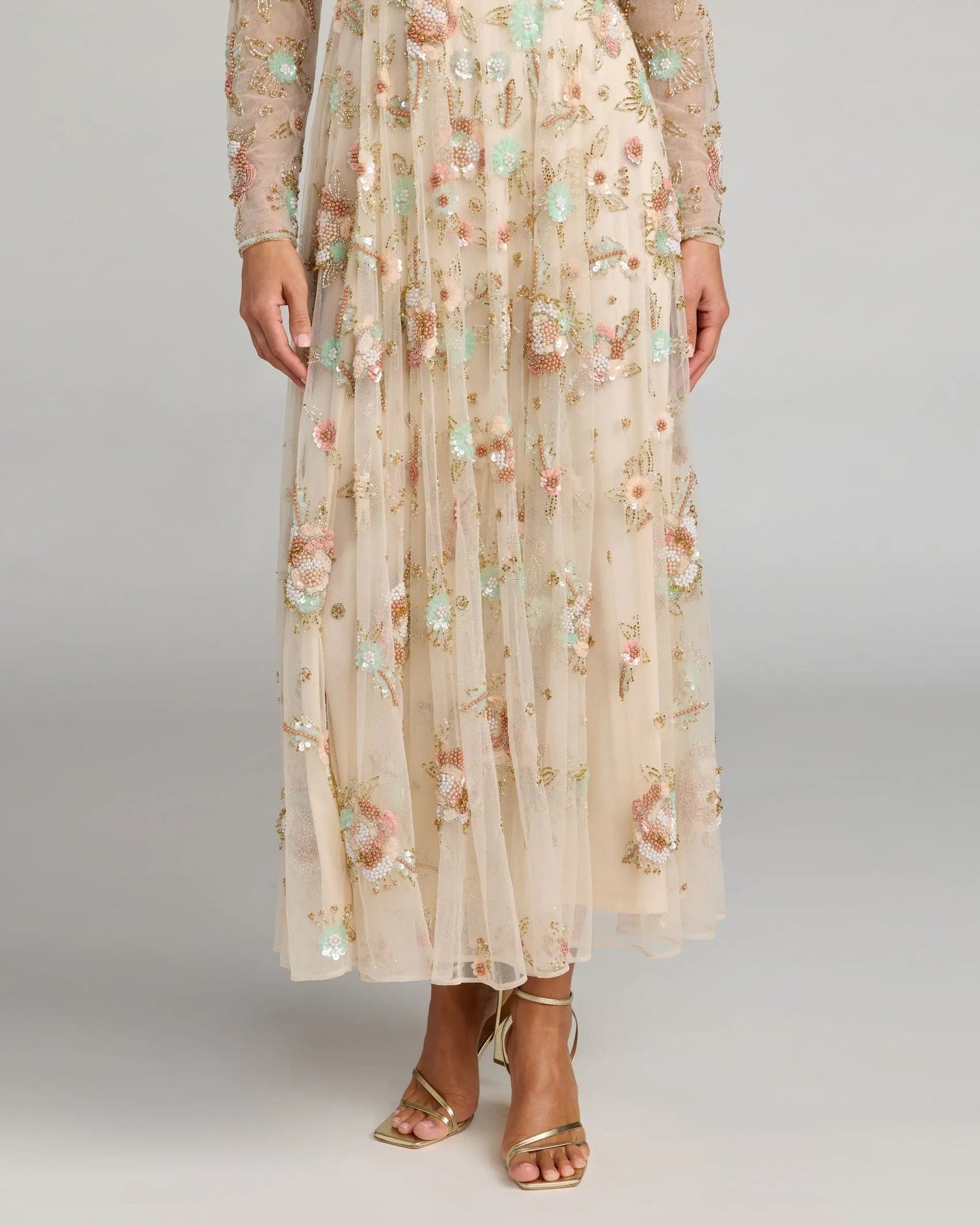 Beige Floral Embellished Long Sleeve Midi Dress