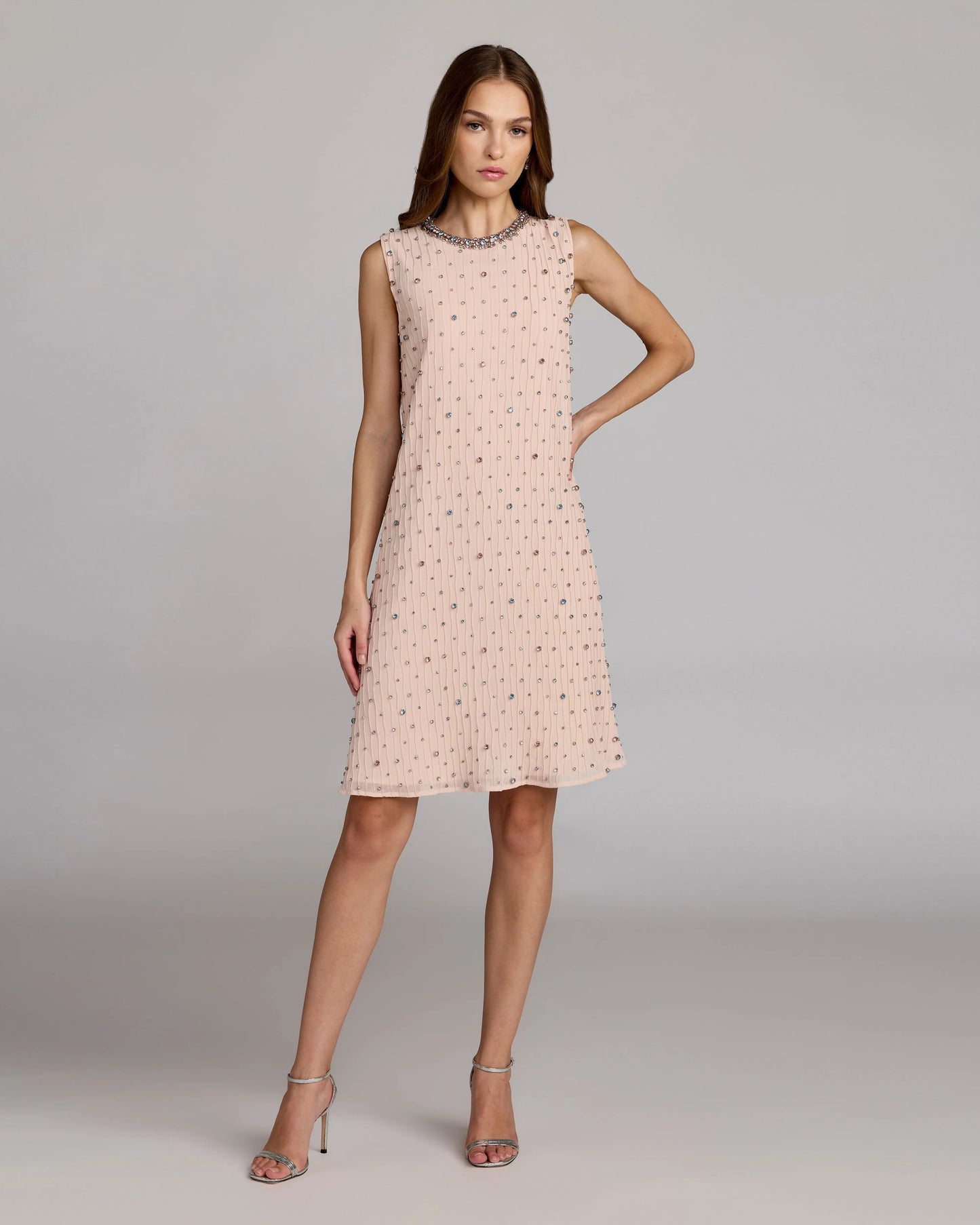 Light Pink Embellished Sleeveless Shift Mini Dress