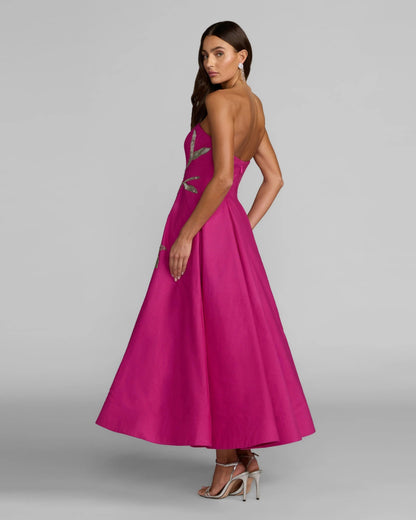 Hot Pink Strapless Floral Embellished Midi Dress