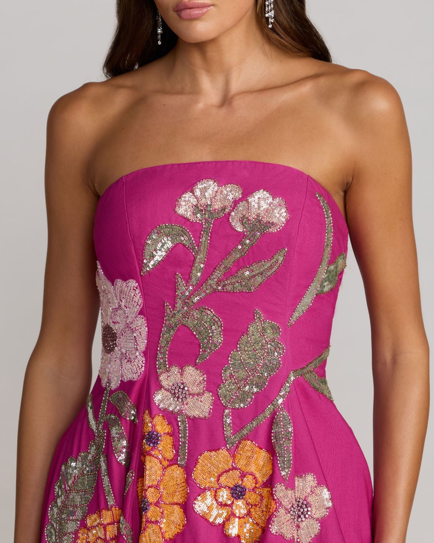 Hot Pink Strapless Floral Embellished Midi Dress