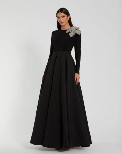 Long Sleeve Ball Gown with Rhinestone Flower