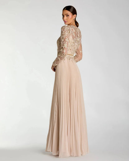 Long Sleeve Chiffon Embellished Gown