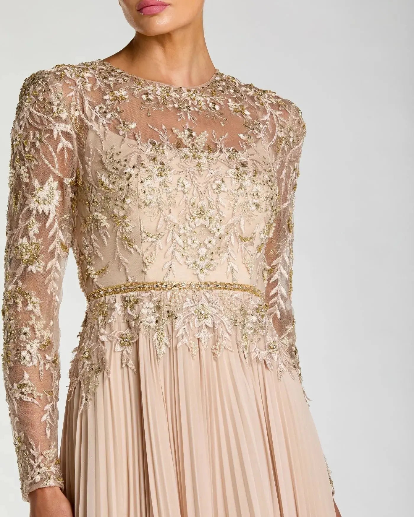 Long Sleeve Chiffon Embellished Gown