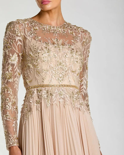 Long Sleeve Chiffon Embellished Gown