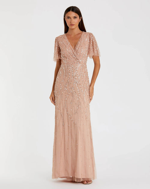 Embellished Flutter Sleeve Gown