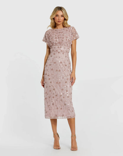 Cap Sleeve Sheath Midi Dress With Floral Beading