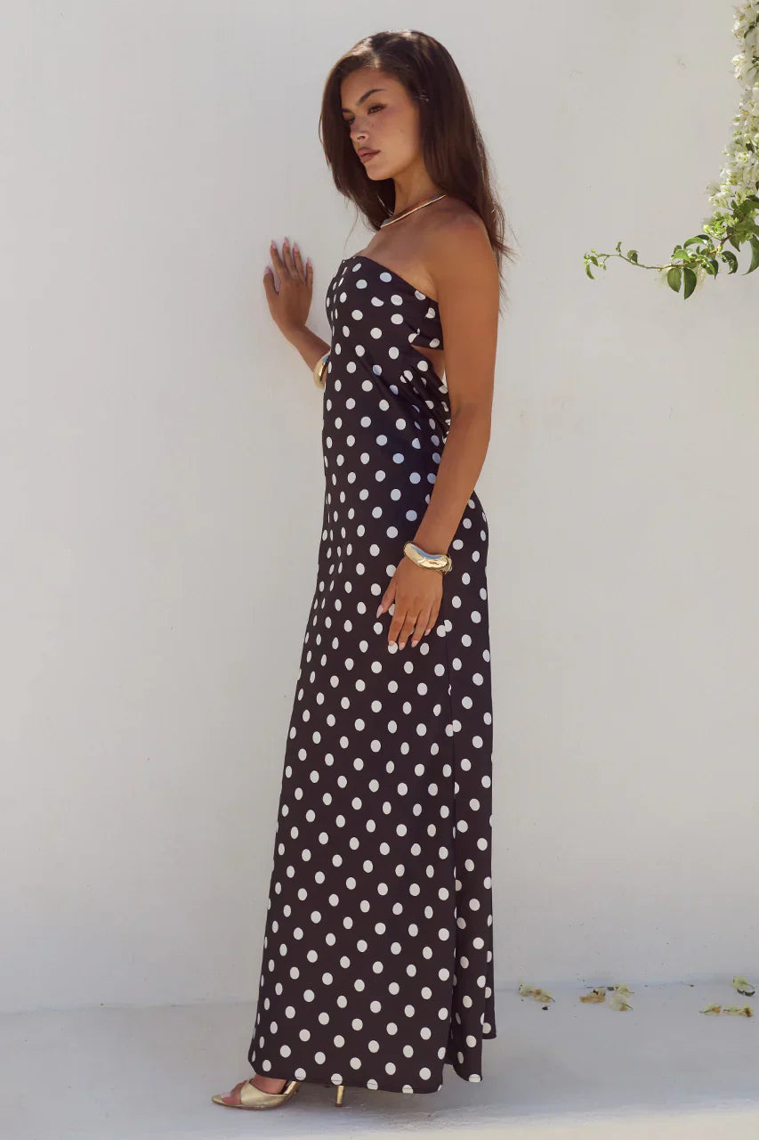 CELESTE STRAPLESS MAXI DRESS - BLACK/WHITE POLKA
