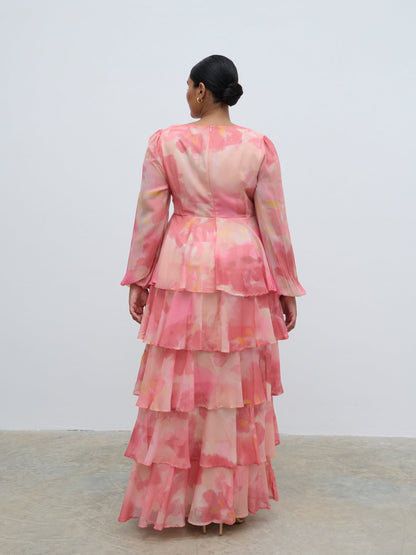 Ashton Ruffle Maxi Dress Curve - Dusky Rose Watercolour