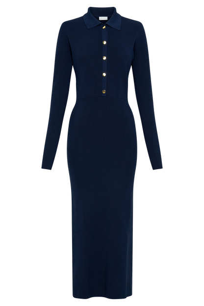 Abbey Buttoned Knit Midi Dress - Navy