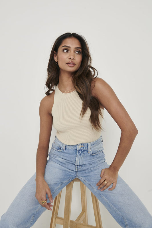Billie Ribbed Racer Tee - Beige