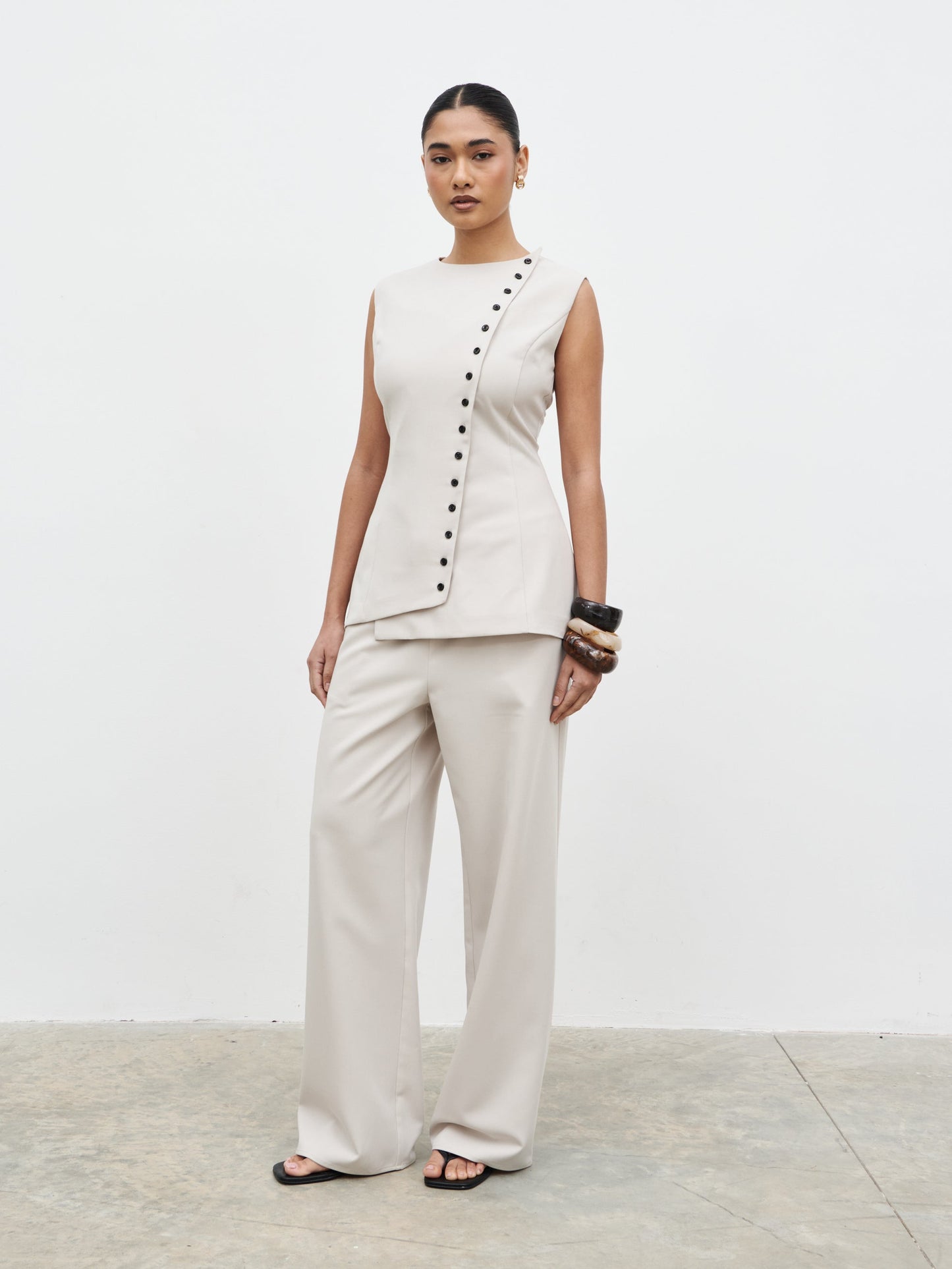 Brylee Asymmetric Button Waistcoat - Stone