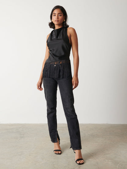 Callie Asymmetric Fringed Top - Black