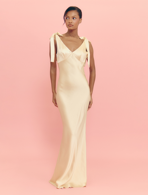 Piper Tie Satin Maxi Dress - Lemon
