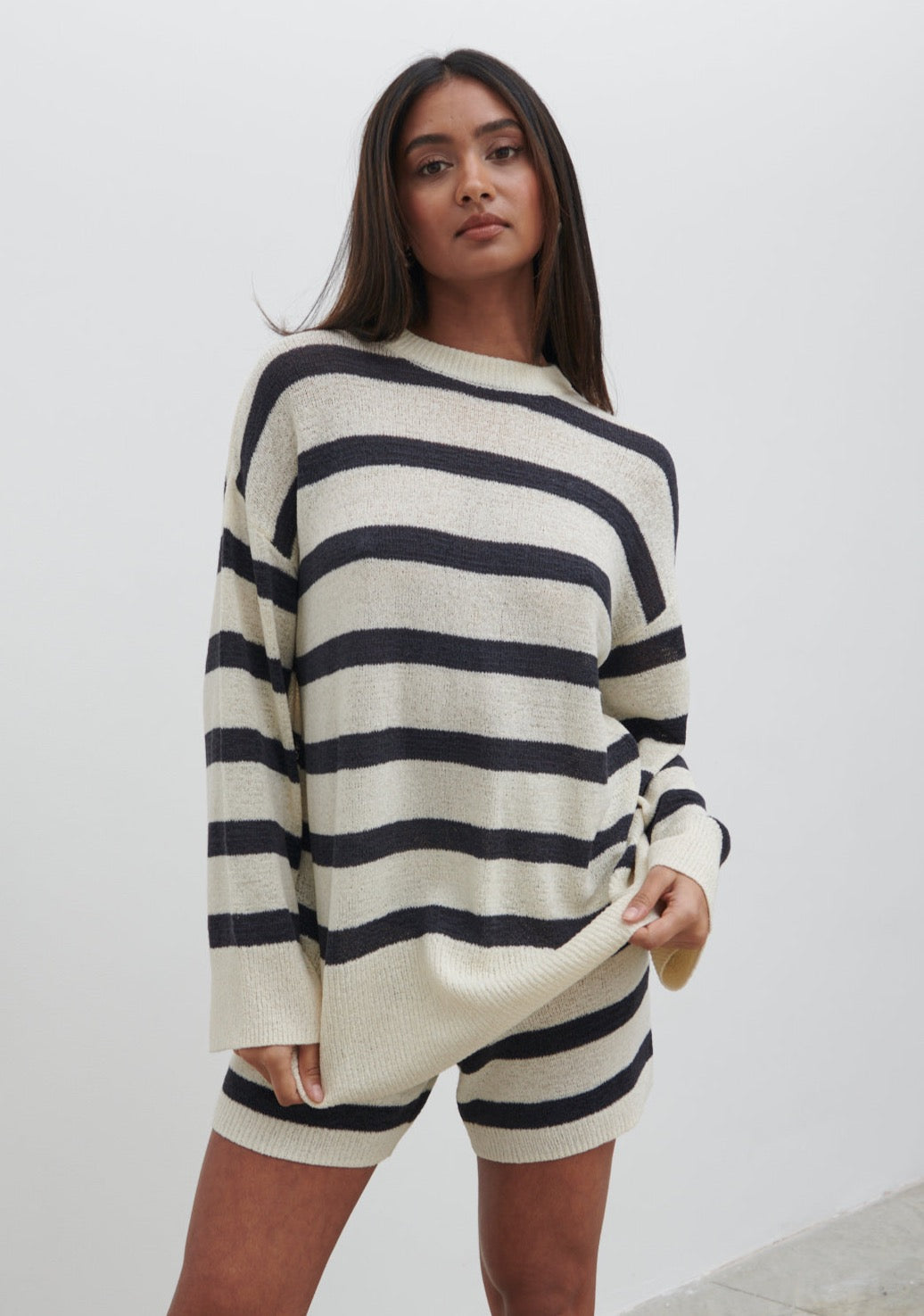 Dakota Stripe Knit Shorts - Cream and Navy