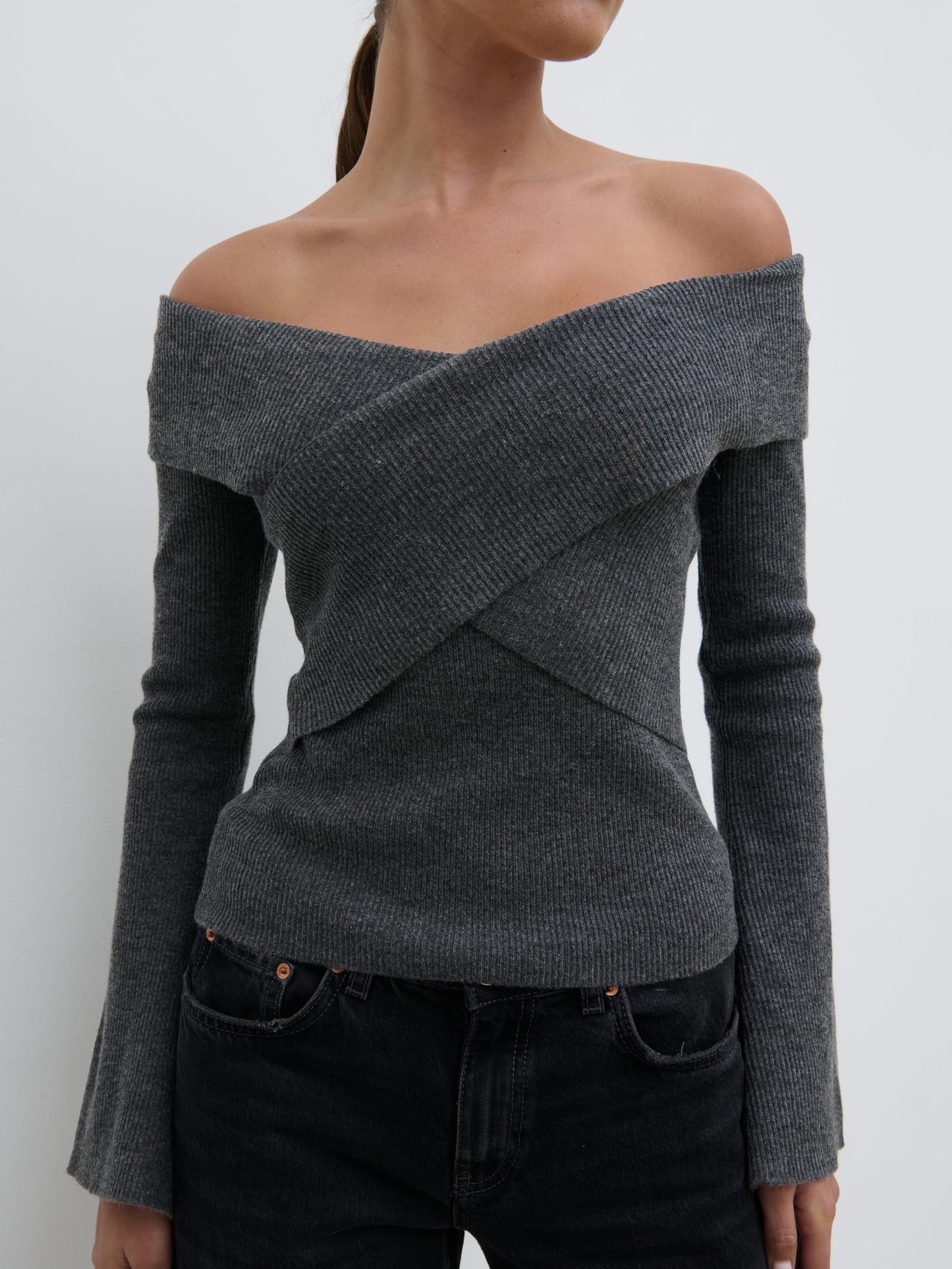 Daphne Cross Over Knit Top - Dark Grey