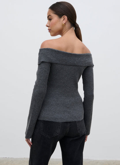 Daphne Cross Over Knit Top - Dark Grey