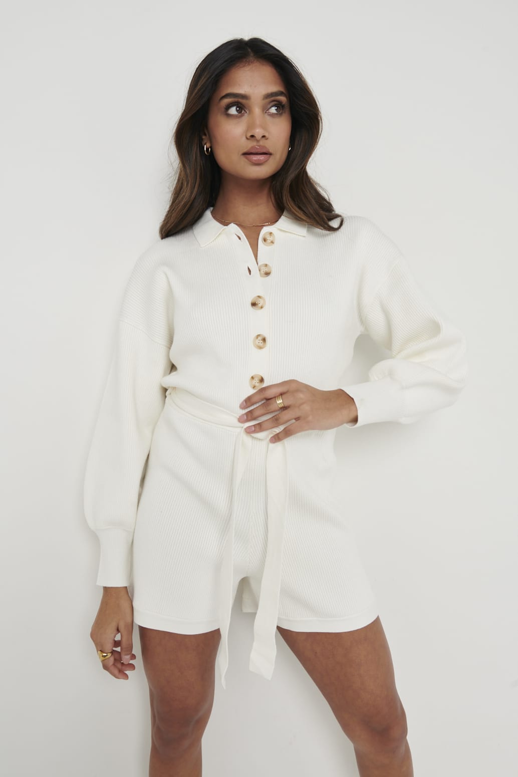 Darcie Balloon Sleeve Knit Playsuit - Cream