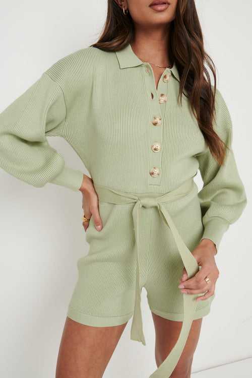 Darcie Balloon Sleeve Knit Playsuit - Olive Green