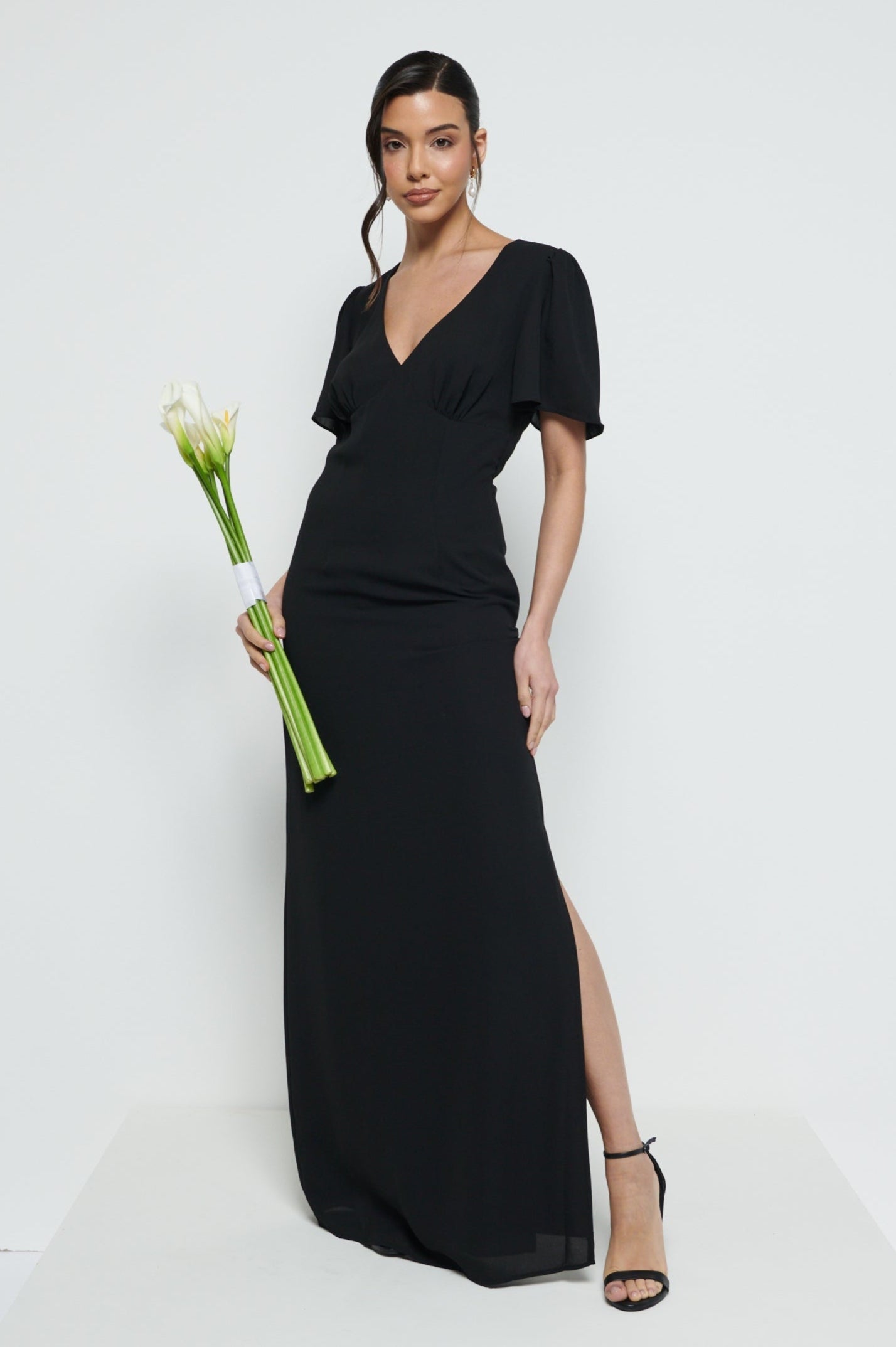 Edie Chiffon Short Sleeve Maxi Bridesmaid Dress - Black