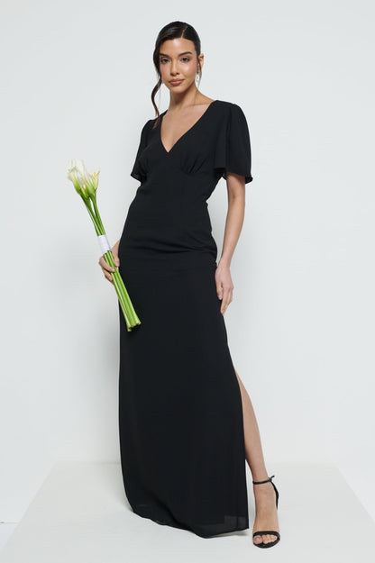 Edie Chiffon Short Sleeve Maxi Bridesmaid Dress - Black