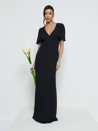 Edie Chiffon Short Sleeve Maxi Bridesmaid Dress - Black