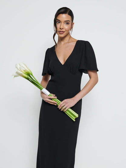 Edie Chiffon Short Sleeve Maxi Bridesmaid Dress - Black