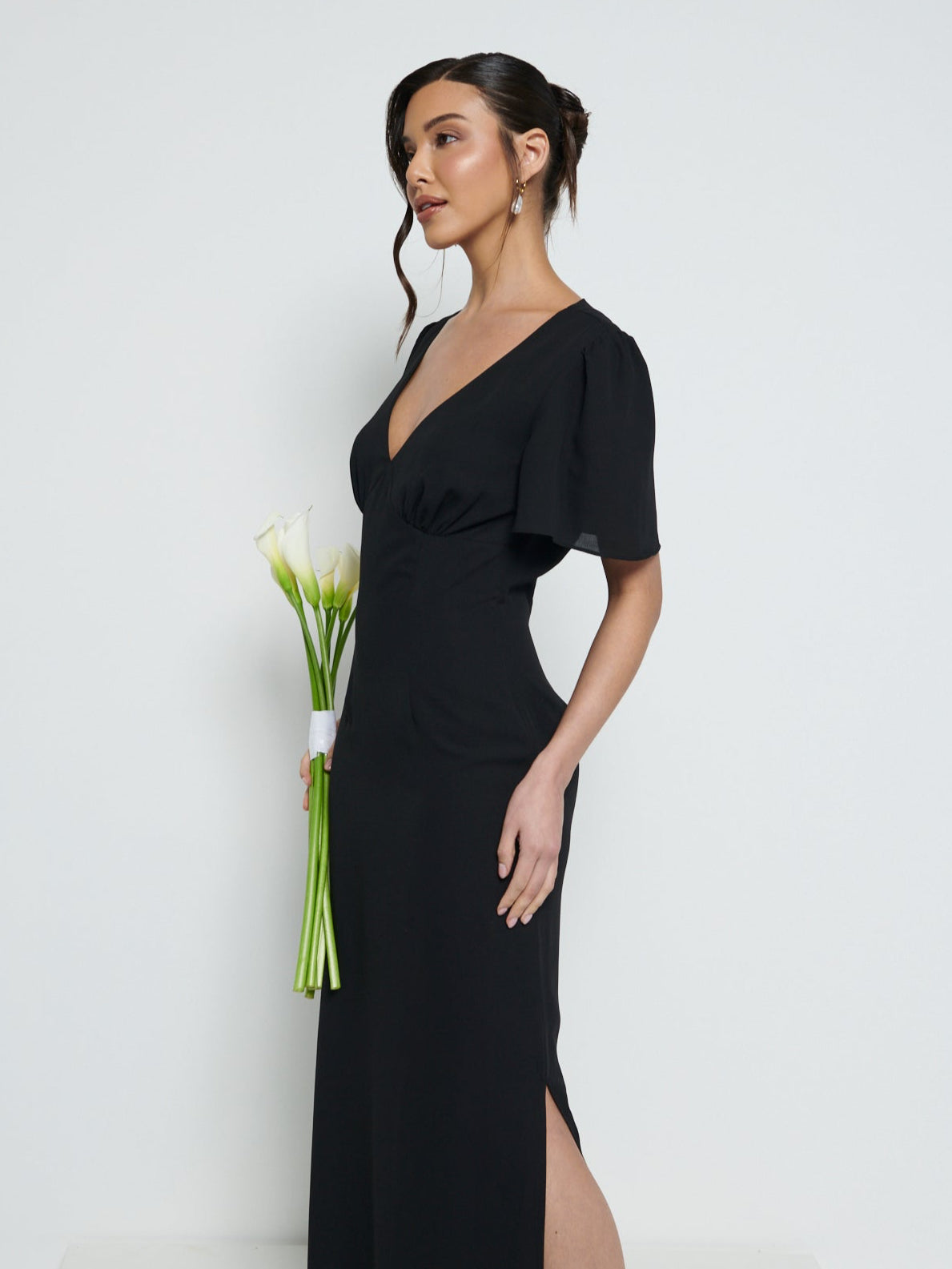 Edie Chiffon Short Sleeve Maxi Bridesmaid Dress - Black