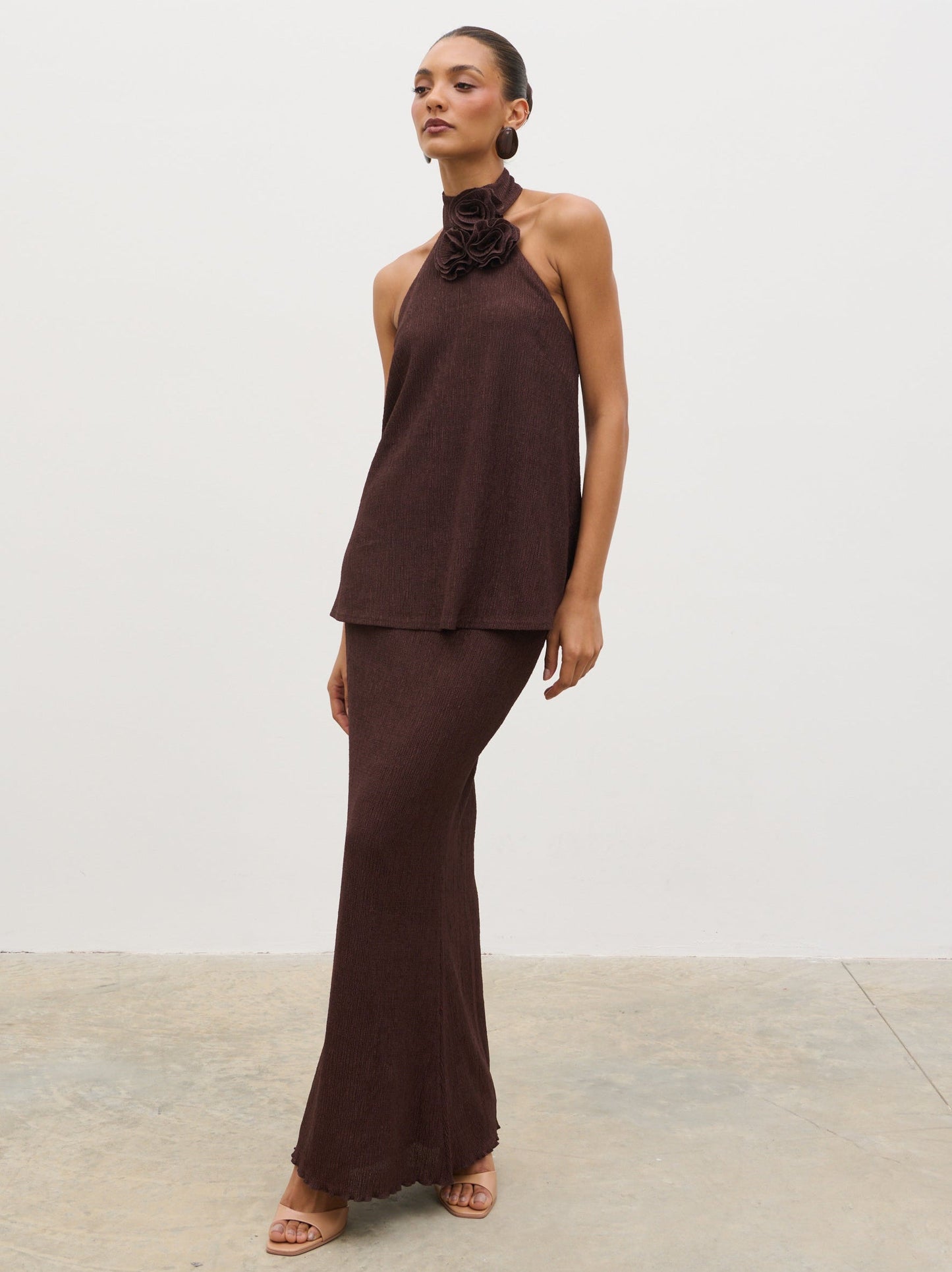 Evalina Corsage Halterneck Top - Brown