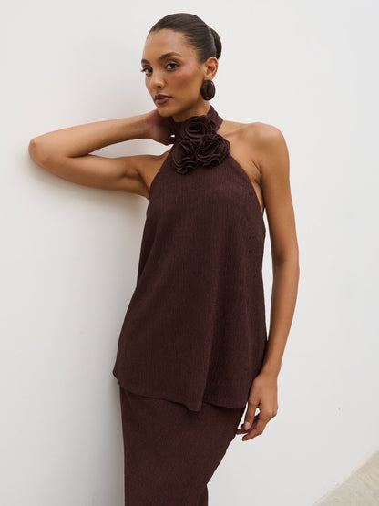 Evalina Corsage Halterneck Top - Brown