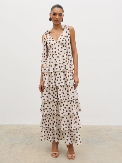 Fiore Tie Ruffle Maxi Dress - Large Brown and Cream Polkadot