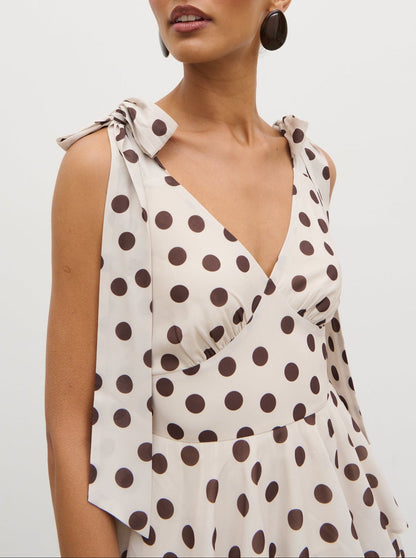 Fiore Tie Ruffle Maxi Dress - Large Brown and Cream Polkadot