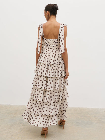 Fiore Tie Ruffle Maxi Dress - Large Brown and Cream Polkadot