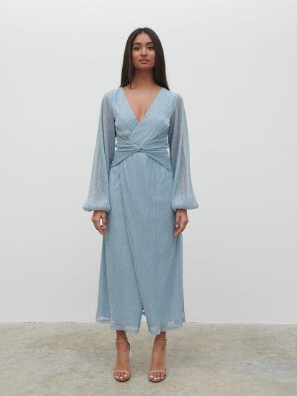 Friena Plisse Knot Contrast Dress - Blue Metallic