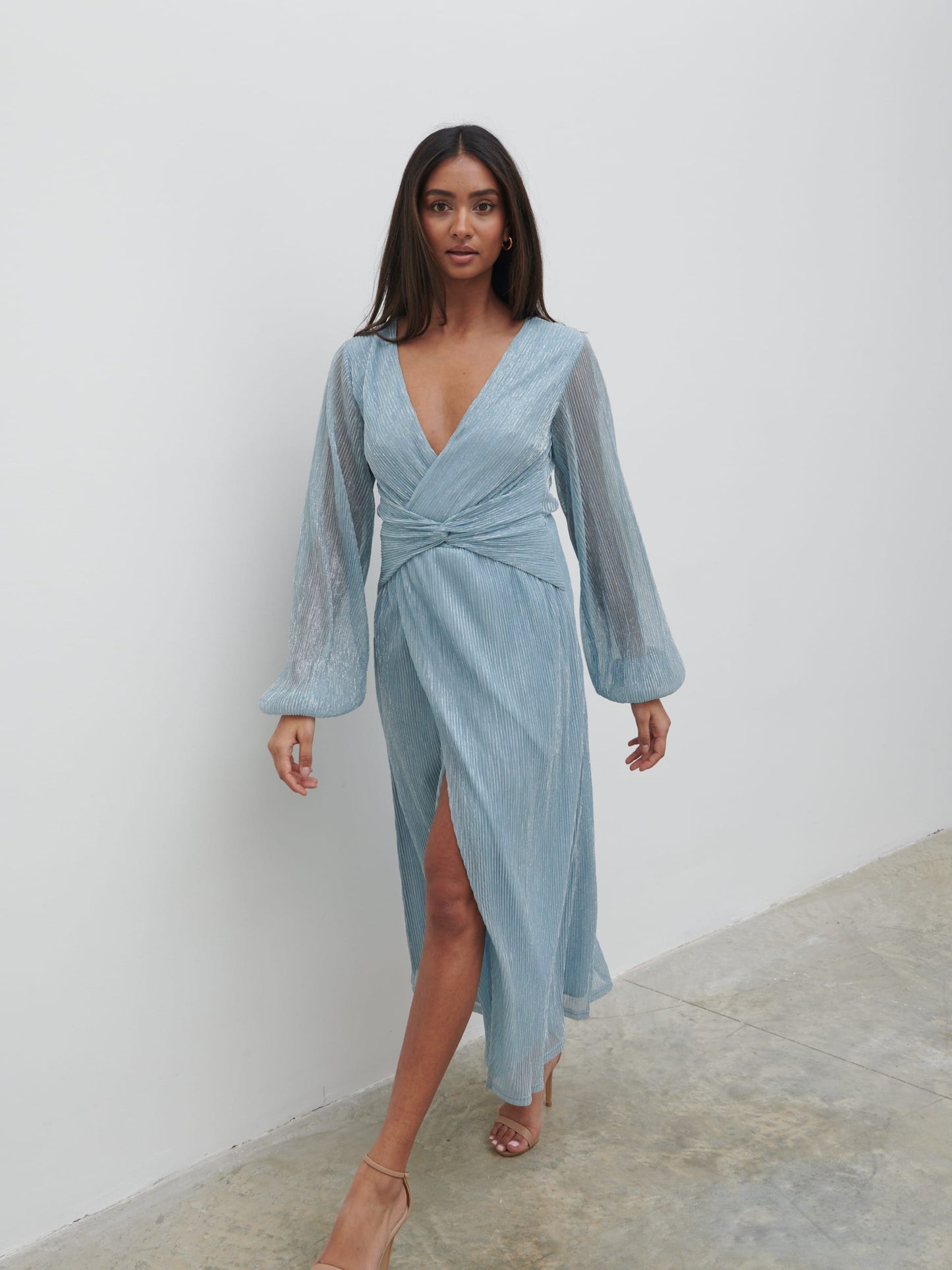 Friena Plisse Knot Contrast Dress - Blue Metallic