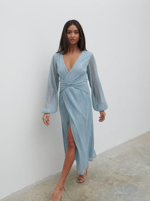 Friena Plisse Knot Contrast Dress - Blue Metallic