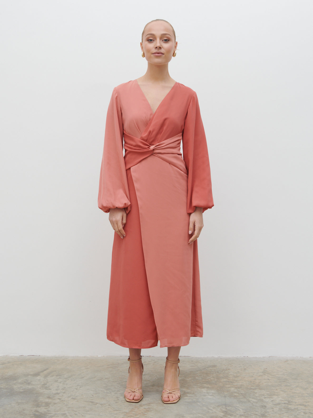 Friena Knot Contrast Midaxi Dress - Terracotta and Dusky Rose