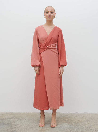 Friena Knot Contrast Midaxi Dress - Terracotta and Dusky Rose