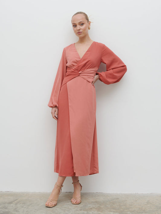 Friena Knot Contrast Midaxi Dress - Terracotta and Dusky Rose