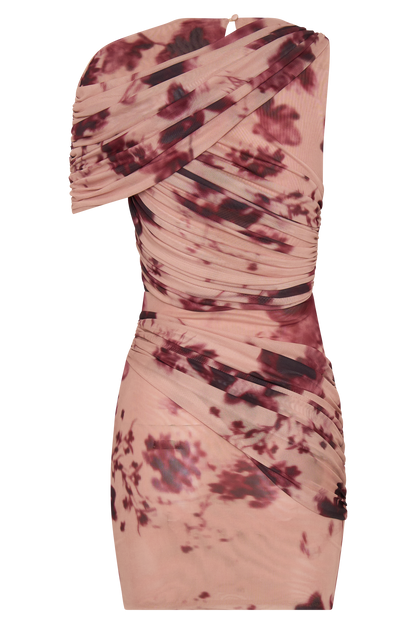Adrienne One Shoulder Mesh Mini Dress - Nude Blurred Floral Print