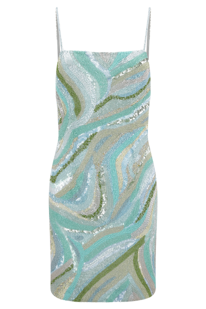 Eloise Hand Beaded Mini Dress - Blue Swirl Print