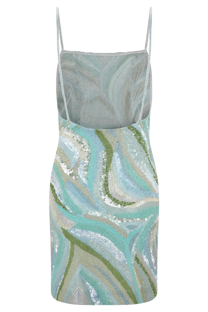 Eloise Hand Beaded Mini Dress - Blue Swirl Print