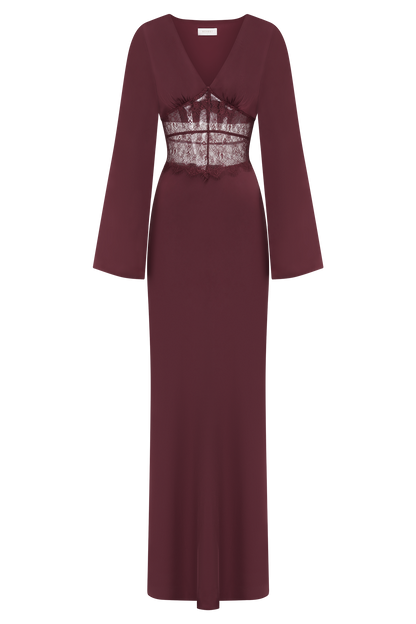 Kaya Long Sleeve Satin And Mesh Maxi Dress - Wine